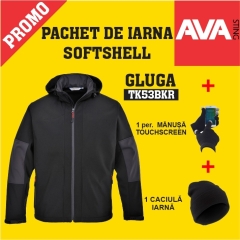 Pachet PROMO Jacheta de iarna softshell gluga TK53BKR +  manusa TOUCHSCREEN GL16BKR + caciula iarna WCAP 