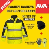 Pachet PROMO Jacheta iarna reflectorizanta HI VIS UV S462BKR + manusa iarna THERMAL GRIP A140BKR + caciula neagra iarna WCAP 