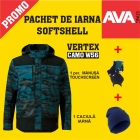 Pachet PROMO IARNA softshell VERTEX CAMO W56 PETROL C1 + manusi TOUCHSCREEN GL16+ caciula bleumarin iarna WCAP