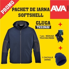 Pachet PROMO Jacheta de iarna softshell gluga TK53NAV +  manusa TOUCHSCREEN GL16BKR + caciula iarna WCAP
